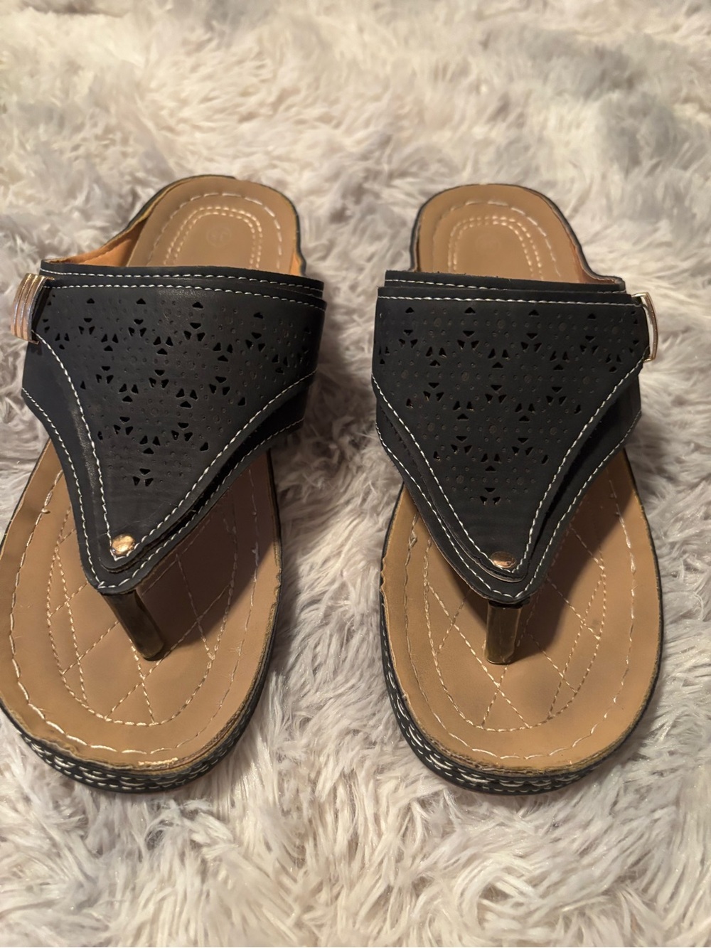 Black Laser-Cut Toe-Post Sandals with Tan Footbed
